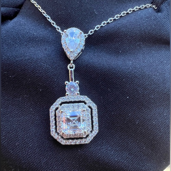 New Moissanite Asscher Cut Necklace 1.2CT, 18K White Gold Plated Sterling Silver - Picture 13 of 17